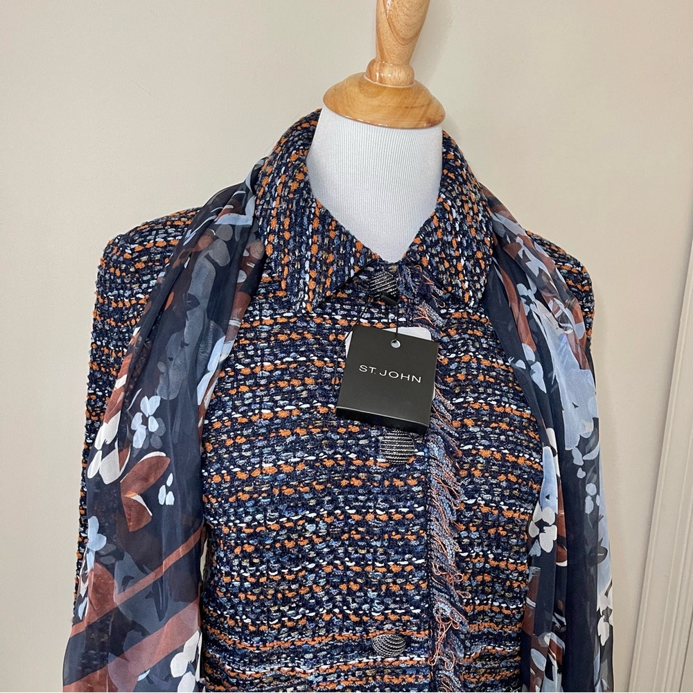 St. John Navy and Copper Tweed Blazer with Floral Scarf